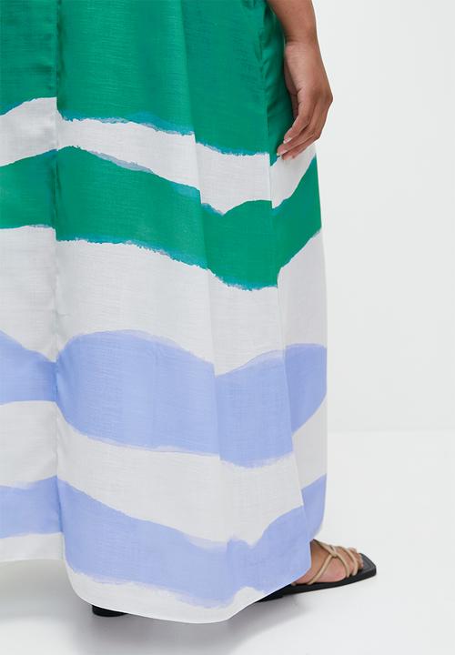 edit - Linen Blend Maxi Tunic Dress - Green Colour Blocked Waves Single Border.
