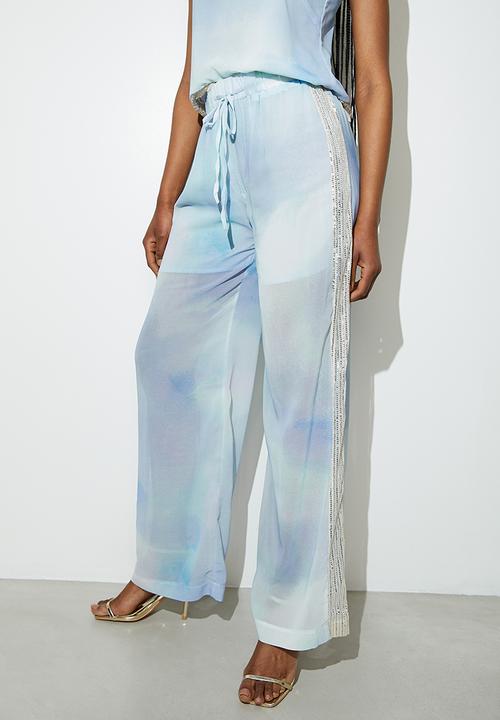 VELVET - Co-ord sequin side stripe wide leg - oceanic soft focus