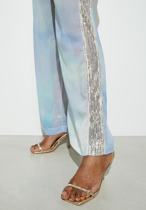 VELVET - Co-ord sequin side stripe wide leg - oceanic soft focus