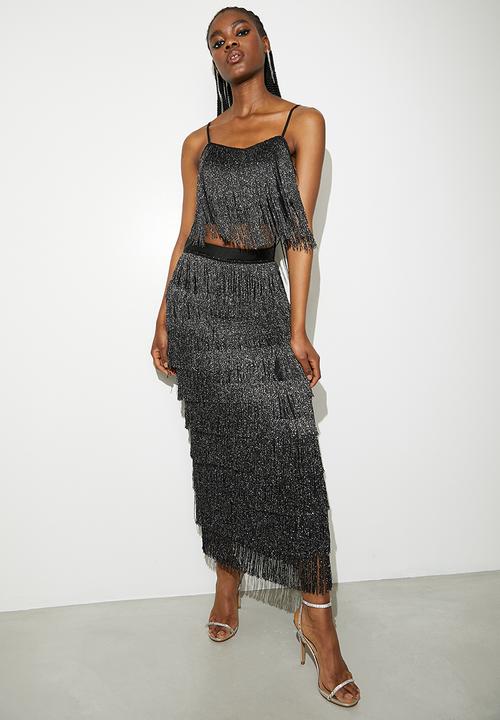 VELVET - Fringe crop shell - silver & black