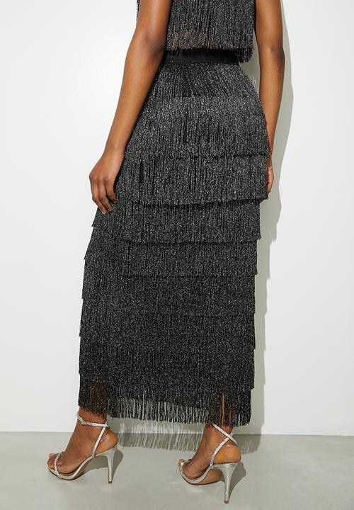 VELVET - Co-ord fringe midi - silver & black