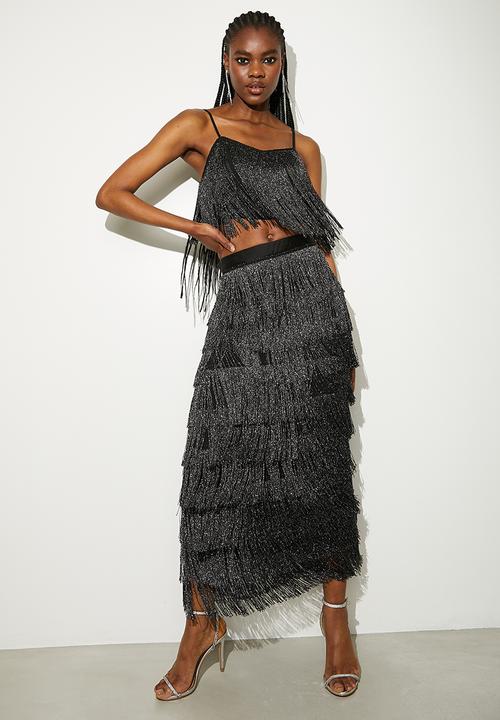 VELVET - Co-ord fringe midi - silver & black