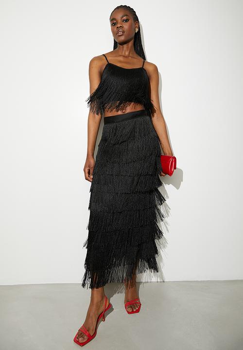 VELVET - Co-ord fringe midi - black
