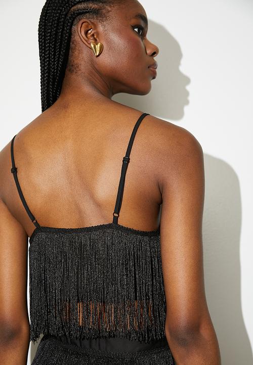 VELVET - Fringe crop shell - black