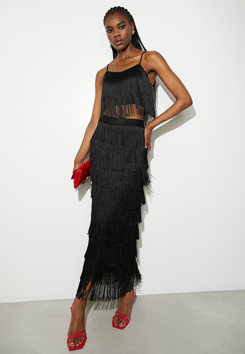 VELVET - Fringe crop shell - black