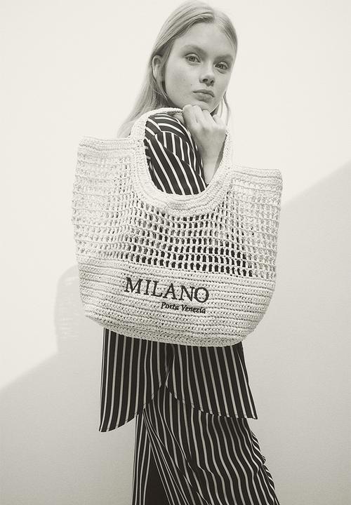 H&M - Embroidered straw shopper - beige