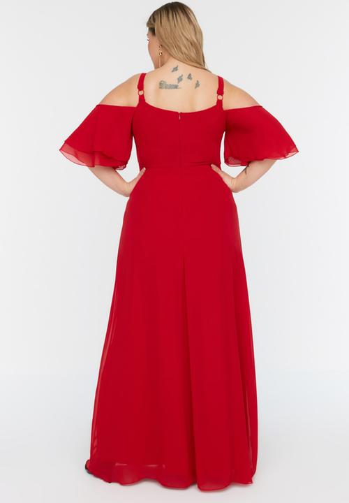 Trendyol - Sleeves Ruffled Double Breasted Chiffon Evening Dresss - Red