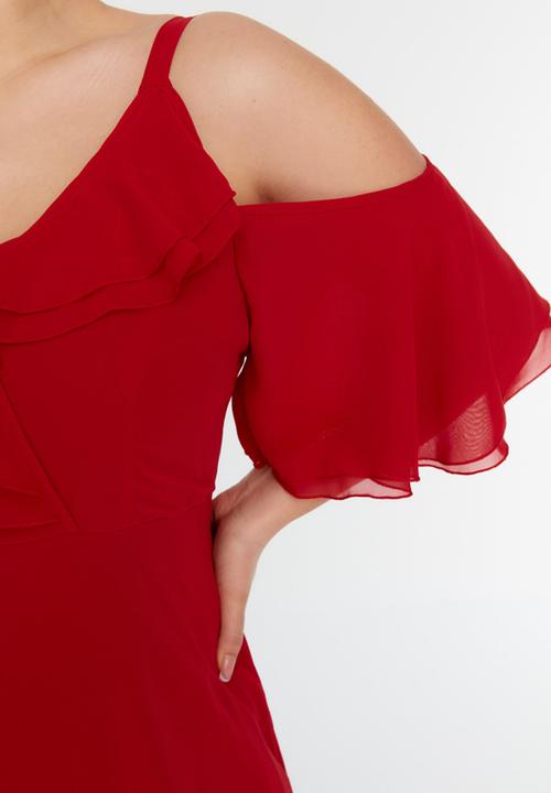 Trendyol - Sleeves Ruffled Double Breasted Chiffon Evening Dresss - Red