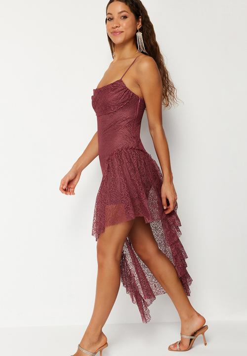 Trendyol - A-Line Flounce Knitted Satin Dress - Dusty Rose