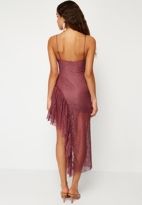 Trendyol - A-Line Flounce Knitted Satin Dress - Dusty Rose