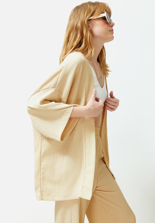 Trendyol - Relaxed Fit Cut Knitted Kimona Trousers & Top Set - Stone