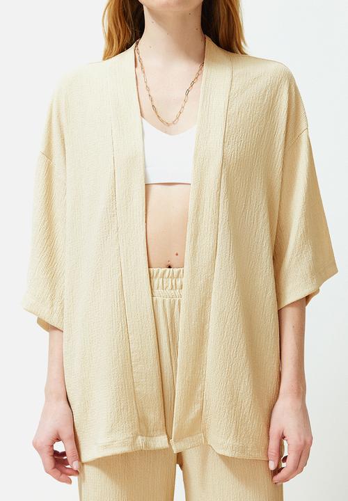 Trendyol - Relaxed Fit Cut Knitted Kimona Trousers & Top Set - Stone