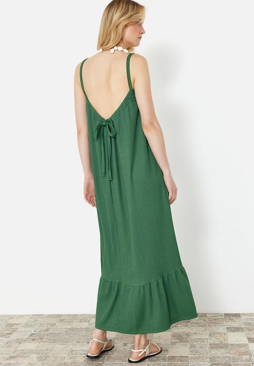 Trendyol - Straight Back Detailed Strappy Wrapped Textured Maxi Knitted Dress - Green