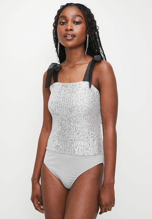 MILLA - Shoulder tie sequins combo bodysuit - silver