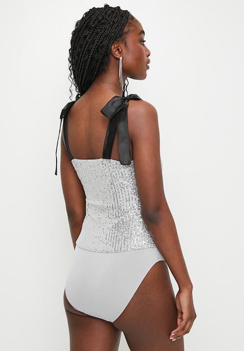 MILLA - Shoulder tie sequins combo bodysuit - silver