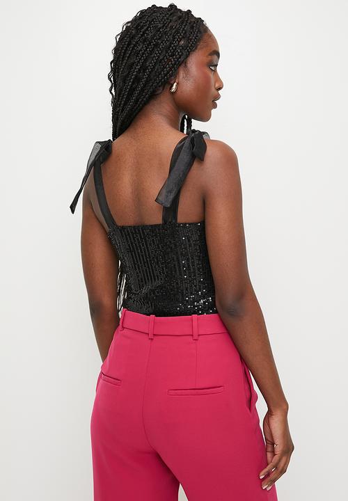 MILLA - Shoulder tie sequins combo bodysuit - black