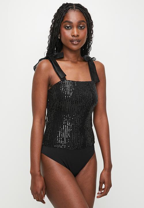 MILLA - Shoulder tie sequins combo bodysuit - black