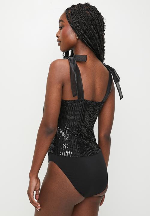 MILLA - Shoulder tie sequins combo bodysuit - black
