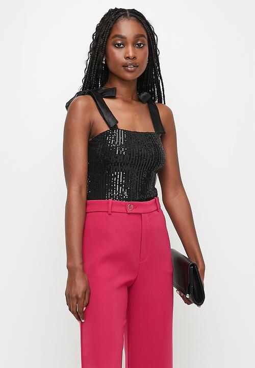 MILLA - Shoulder tie sequins combo bodysuit - black