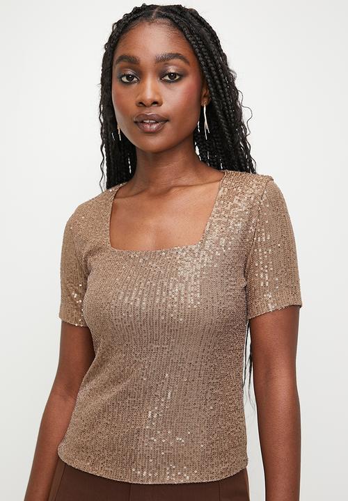 MILLA - Sequins square neck top - taupe