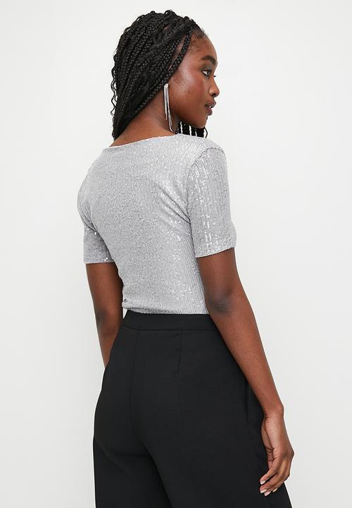 MILLA - Sequins square neck top - grey