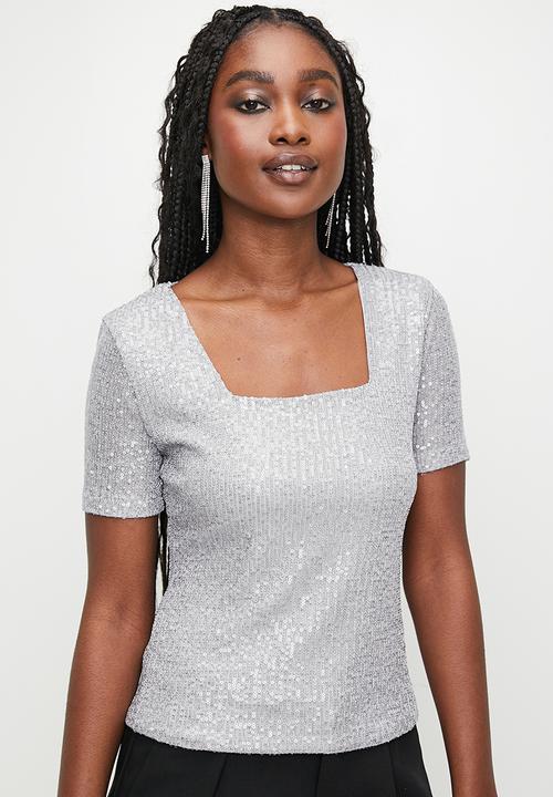 MILLA - Sequins square neck top - grey