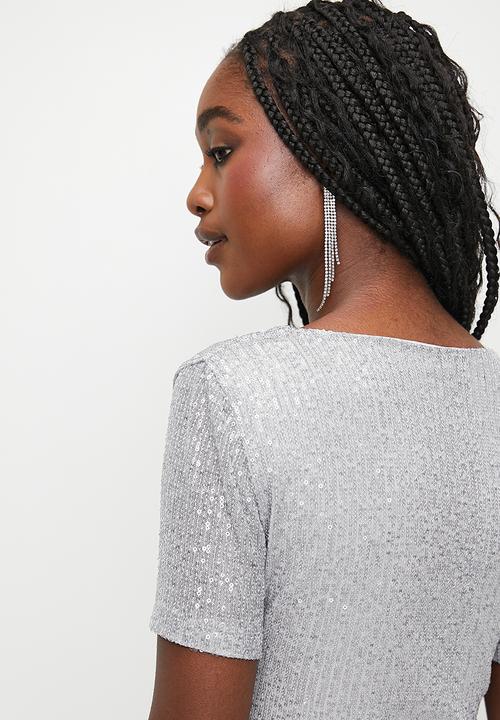 MILLA - Sequins square neck top - grey