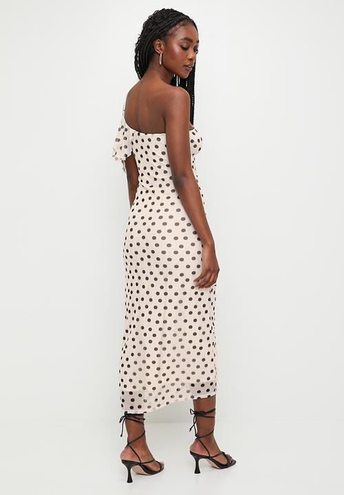 MILLA - Asym detail with ruffle sleeve midi dress - neutral spot 