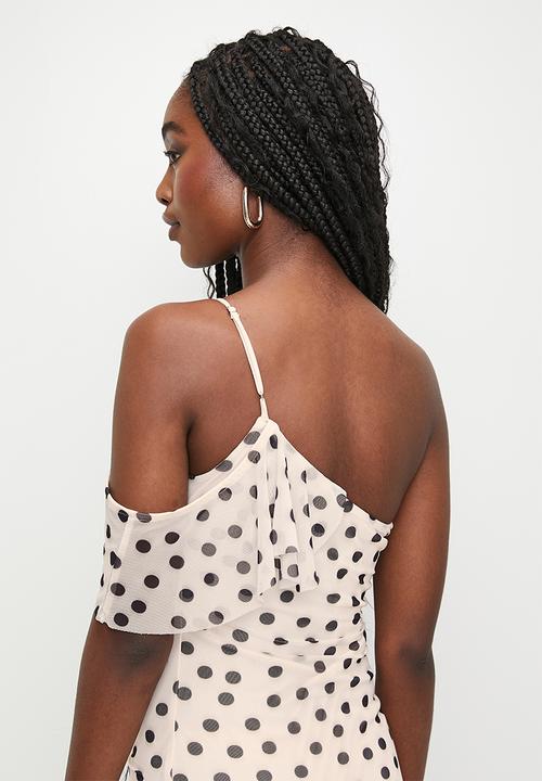 MILLA - Asym detail with ruffle sleeve midi dress - neutral spot 