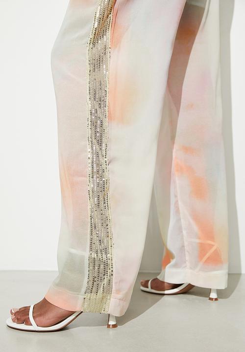 VELVET - Co-ord sequin side stripe wide leg - soft focus window check