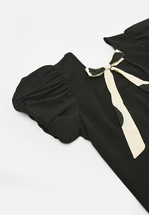 Pop Candy - Puff sleeve top & bottom set- black & beige 