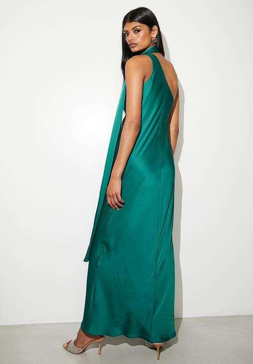 VELVET - Satin maxi slip with neck tie detail -shaded spruce