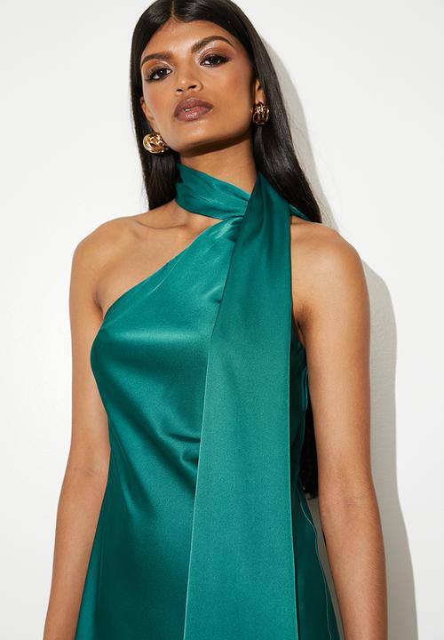 VELVET - Satin maxi slip with neck tie detail -shaded spruce
