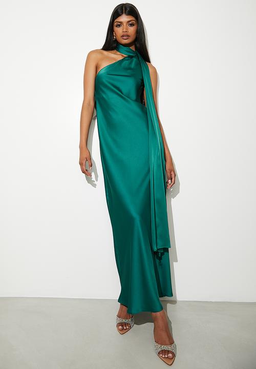 VELVET - Satin maxi slip with neck tie detail -shaded spruce