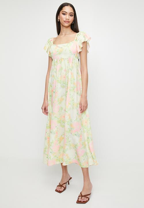 MILLA - Volume ruffle sleeve midi dress - pastel soft focus floral aop
