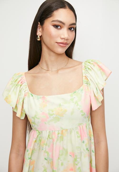 MILLA - Volume ruffle sleeve midi dress - pastel soft focus floral aop
