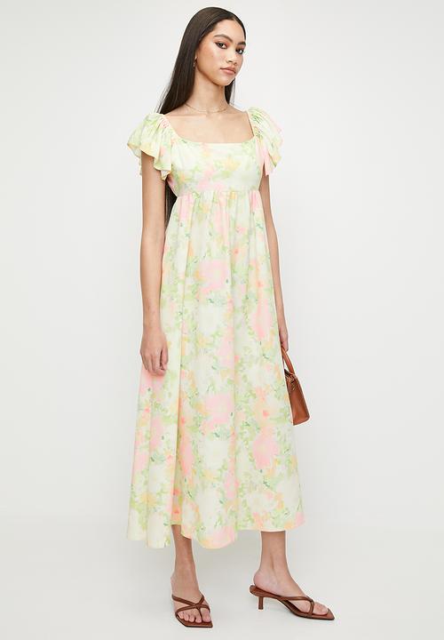 MILLA - Volume ruffle sleeve midi dress - pastel soft focus floral aop