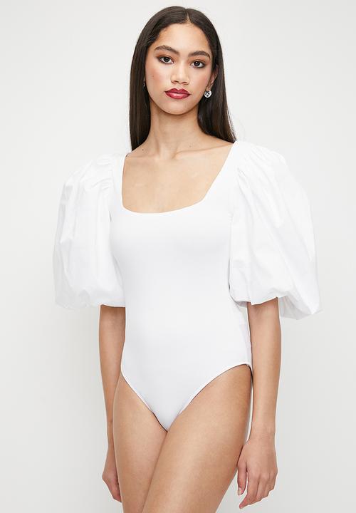 MILLA - Square neck combo puff sleeve bodysuit - white