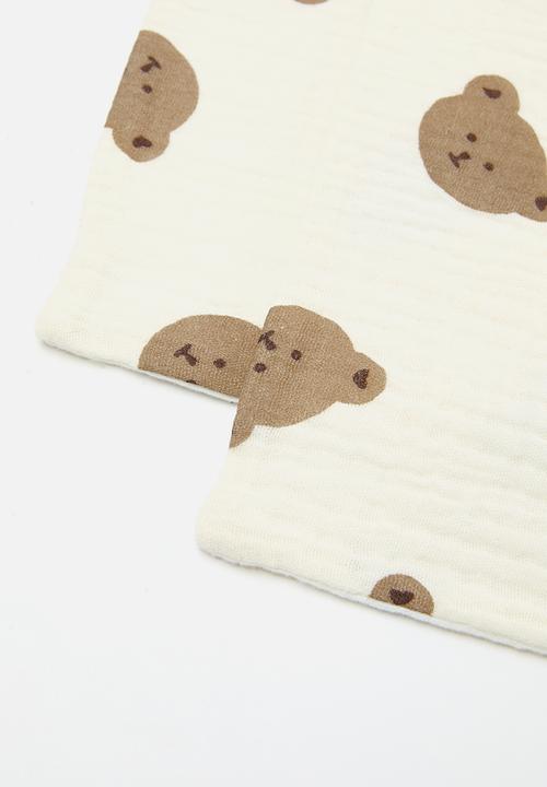 Pop Candy - 2 Pack bear print face towel - ecru & brown