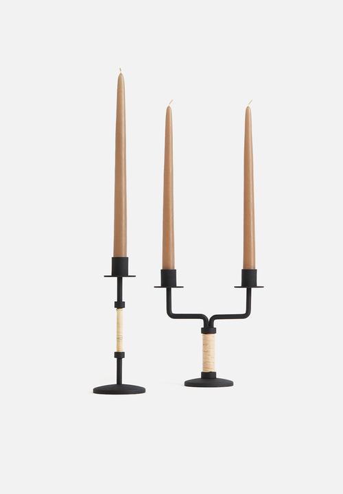 H&M - Metal and rattan candlestick - black beige