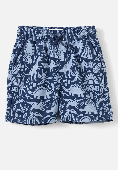 Cotton On - Henry slouch short - in the navy/dusk blue/reverse dino yardage