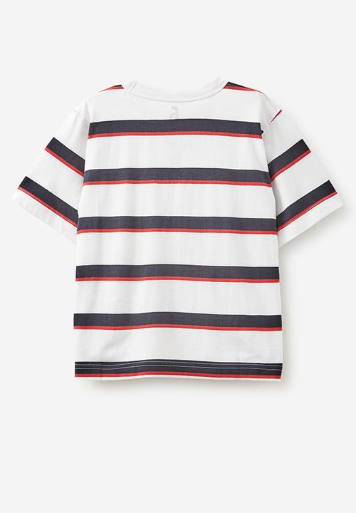 Cotton On - The essential short sleeve tee - white/rabbit grey/varsity red stripe