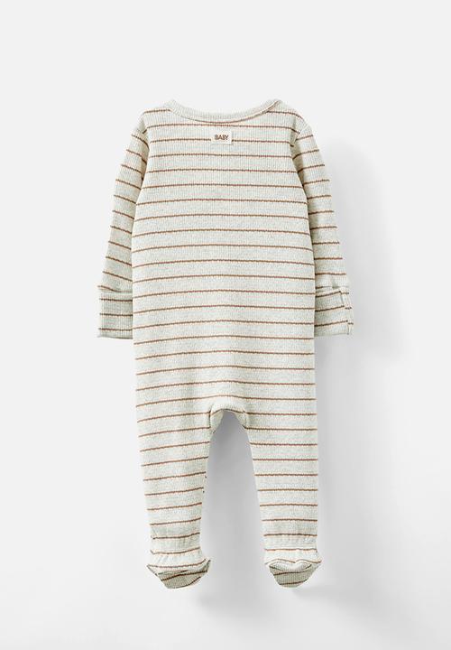 Cotton On - Organic pointelle zip romper - oatmeal marle/taupy brown stripe