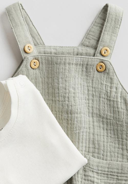 H&M - 2 piece cotton set - light khaki green & white