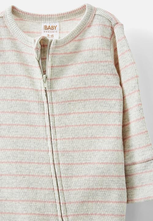 Cotton On - Organic pointelle zip romper - oatmeal marle/zephyr stripe