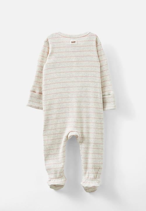 Cotton On - Organic pointelle zip romper - oatmeal marle/zephyr stripe