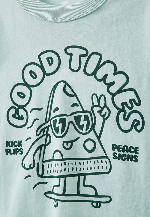 Cotton On - Jonny short sleeve print tee - barber blue/good times pizza