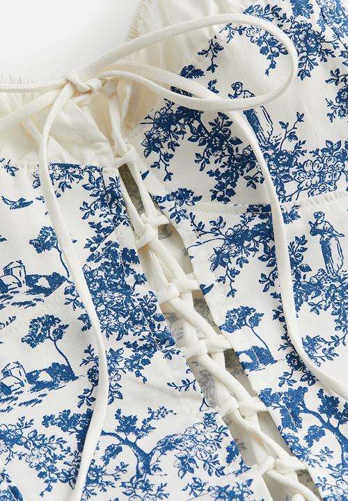 H&M - Lacing-detail cotton bustier top - cream patterned