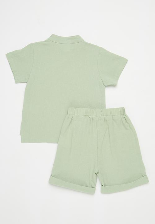 Pop Candy - Button down shirt & short set - sage green