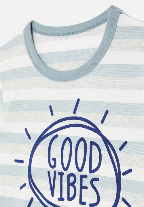 Pop Candy - Good vibes striped tee - light blue & grey